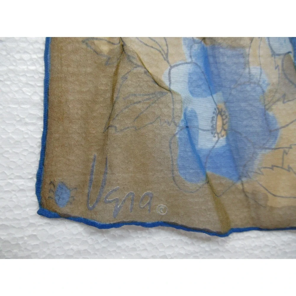 Vintage 60s Vera Neumann Silk Chiffon Scarf Floral Sheer Blue/Brown Rectangle